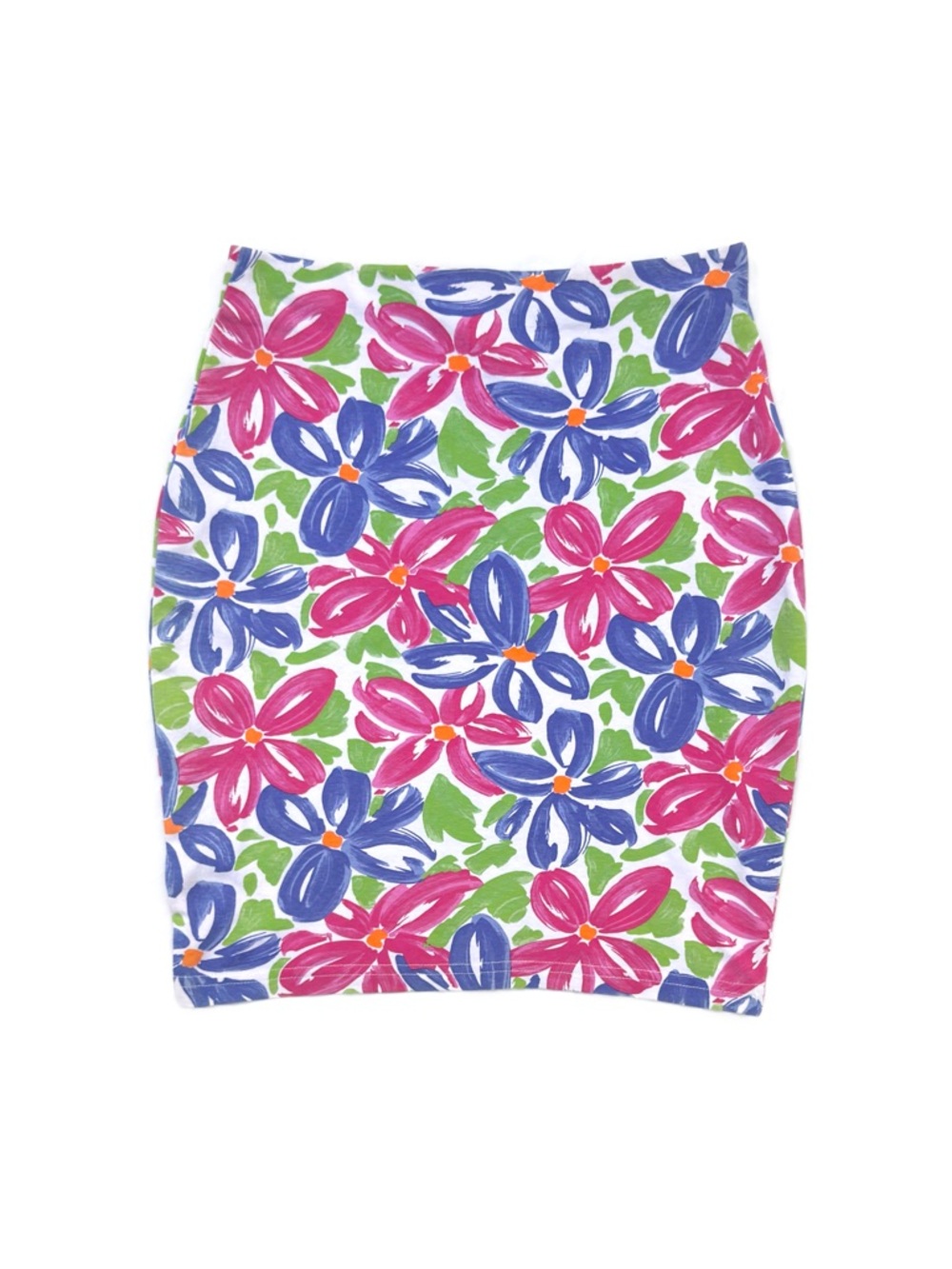 Vintage 90s Express Tricot White Multicolor Floral Pull On Pencil Miniskirt